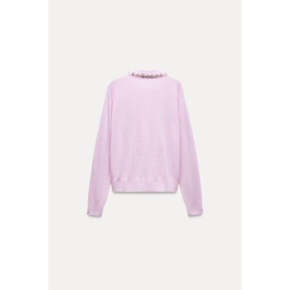Purple Lilac Zara Pointed Jewel Rhinestone Bead Embellished Collar Knit Sweater - Picture 6 of 7